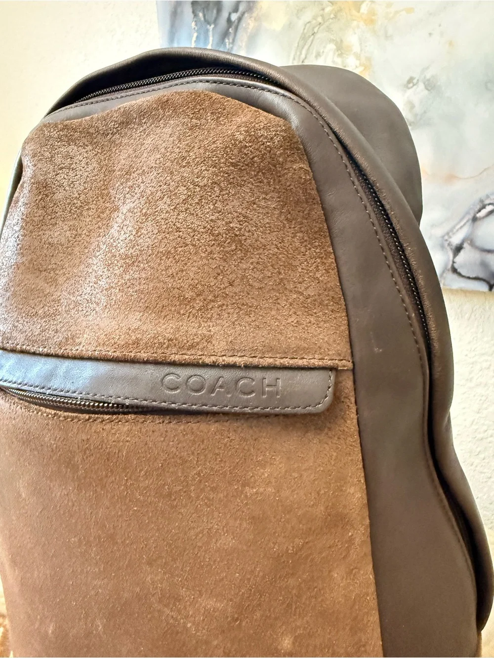 Coach Brown Suede & Dark Brown Leather Sling Backpack
